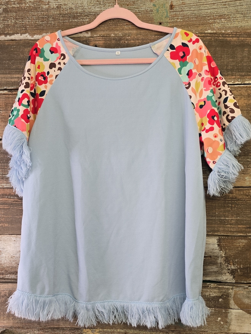 Women's Light Blue Fringe Short Sleeve Top with Floral Raglan Sleeves, Size 1X